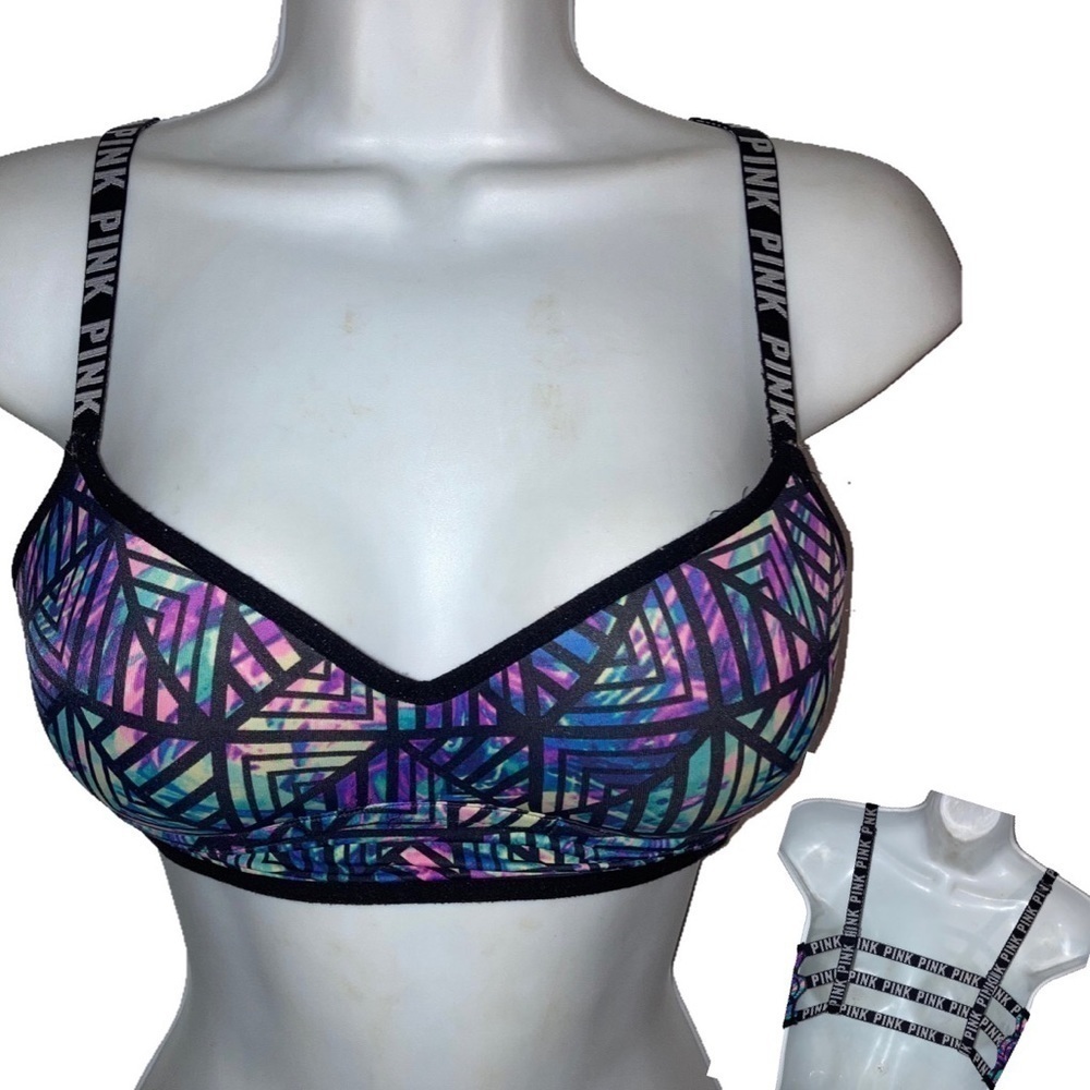 Pink Victoria’s Secret Geometric Print Strappy Logo Sports Bra S Black